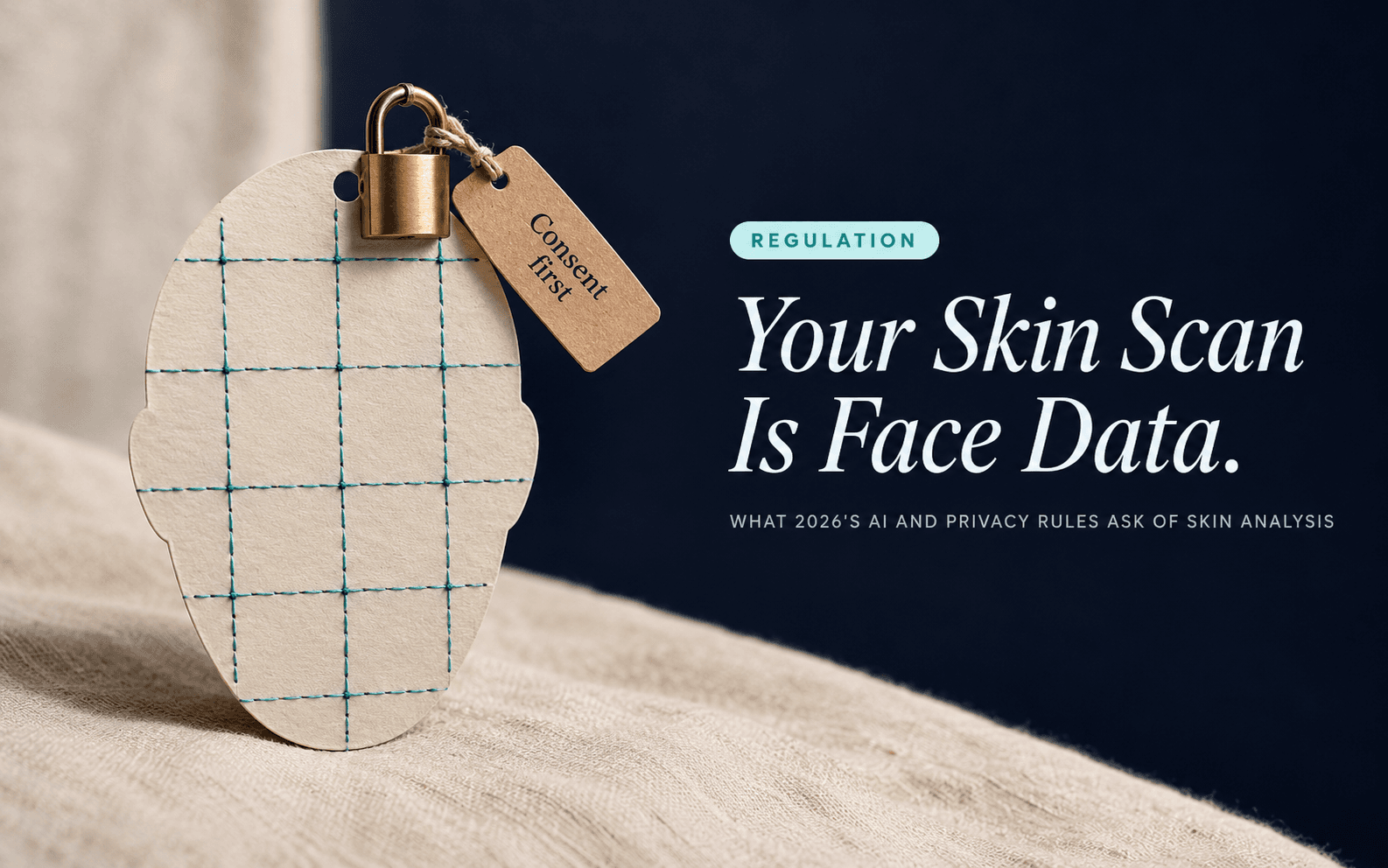 A blank oval face-shaped template of cream cardstock stitched with a teal measurement grid, with a brass padlock and a paper tag reading Consent first, on linen