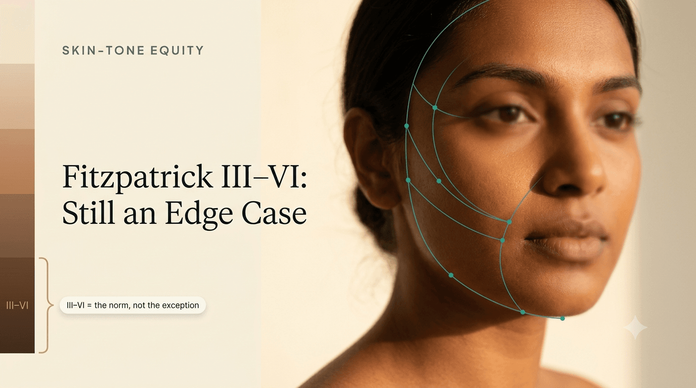 Natural-light portrait of Bharatiya skin across Fitzpatrick III–VI tones with a teal skin-analysis mesh overlay and a Fitzpatrick gradient scale