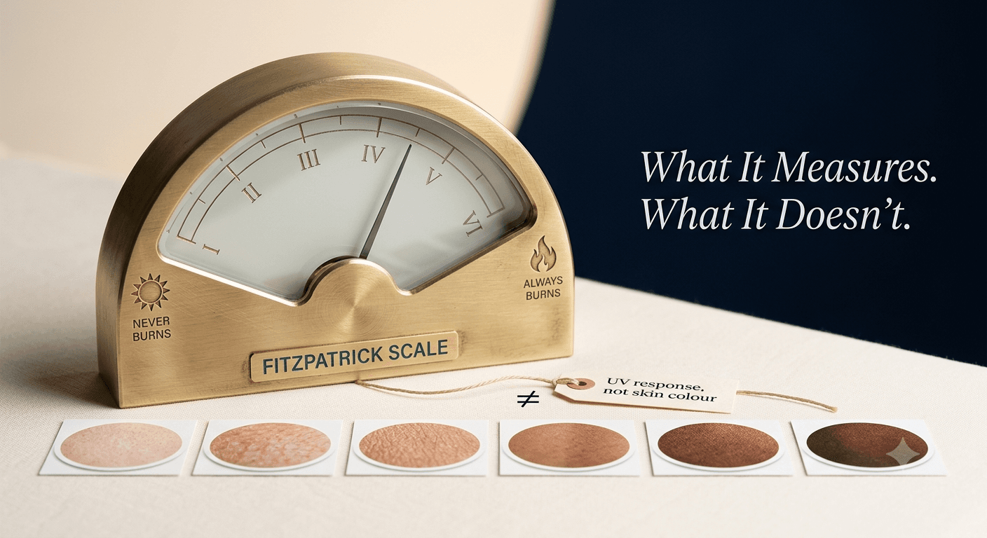 A brass UV-exposure dial gauge marked with Fitzpatrick types I through VI, sitting above six printed macro-photo skin-tone swatches connected by a tag reading 'UV response, not skin colour'
